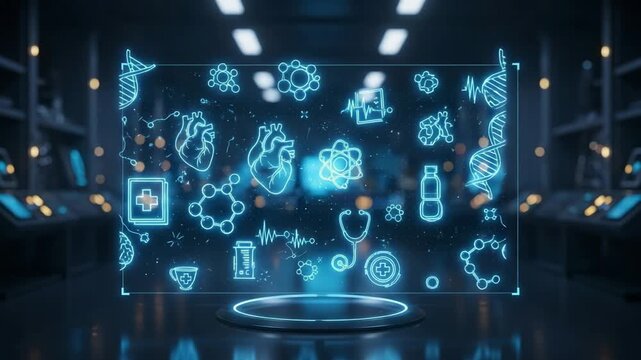 A futuristic video showcasing various scientific and technological icons in a dark laboratory setting with blue neon lights.