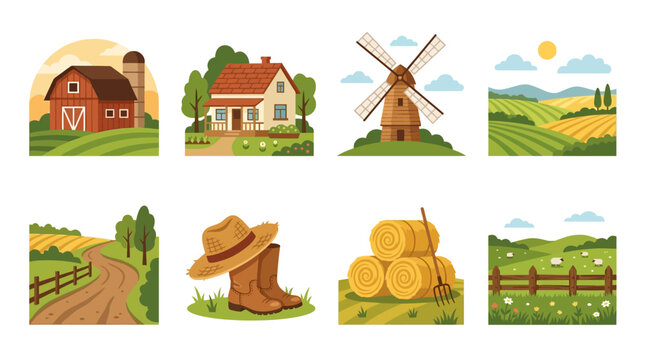Farm scene with vector illustrations of rural landscape, farmhouse, barn, windmill, fields, and countryside elements.