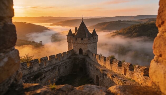 Framing foreground parapet revealing medieval fortress tower at hilltop sunrise, foggy river valley