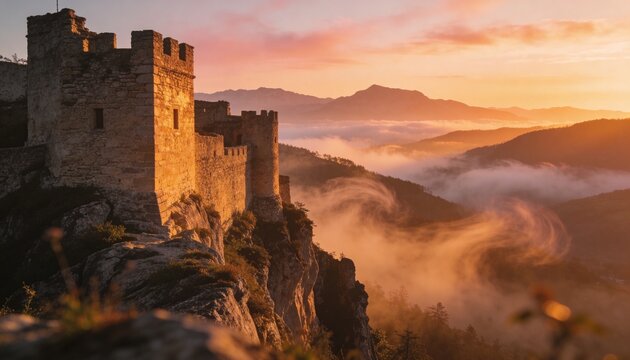 Basking stone fortress with crenellated tower sitting on cliff at sunrise, misty valley, copy space