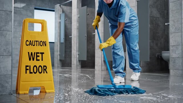 Woman mopping wet floor in restroom