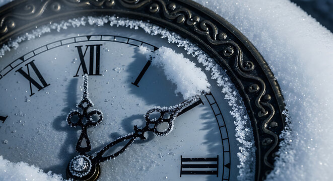 Antique timepiece frozen in winter's embrace with intricate frost, representing the stillness of time