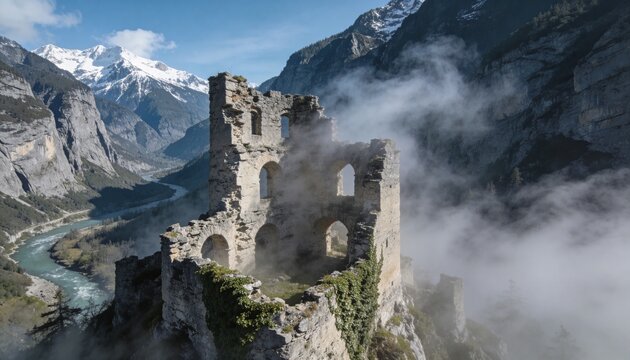 Standing ruined stone tower with arched windows and ivy overlooking alpine valley, turquoise river