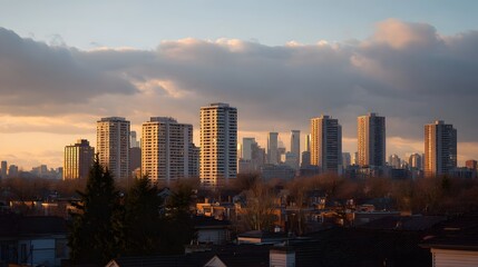 Obraz premium Warm golden light illuminates a distant cityscape with apartment towers and residential homes