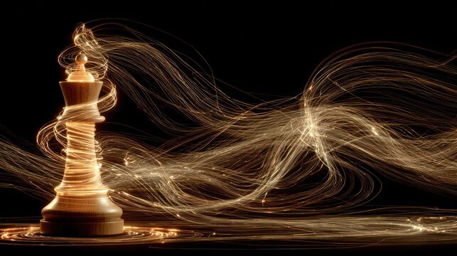 Illuminated wooden game piece rests amidst swirling golden light trails against a dark backdrop