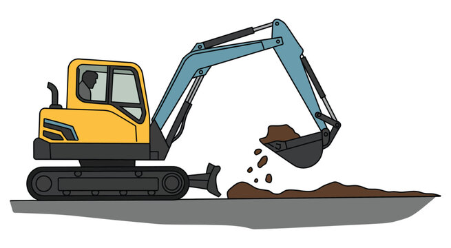 mini excavator digging soil construction machine isolated vector, powerful compact excavator in action,, engineering visuals and professional industrial use.