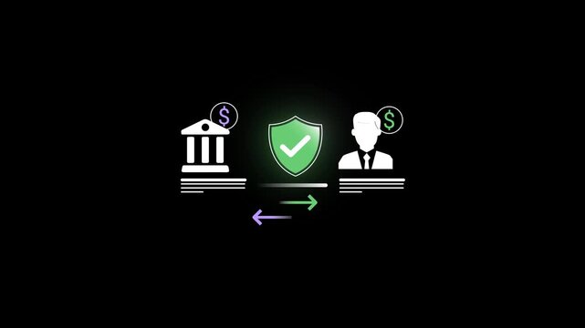 Secure digital payment, bank transfer. financial transaction interface with bank, user, and shield protection icon, symbolizing fintech security, safe online banking, trusted money exchange.
