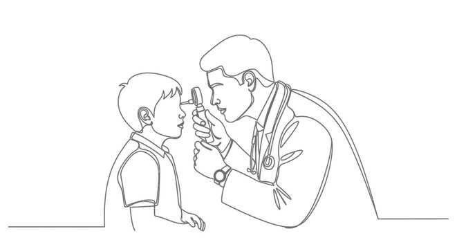 Doctor examining child line art illustration, pediatric healthcare concept, medical checkup and diagnosis for kid, minimal outline drawing isolated on white background