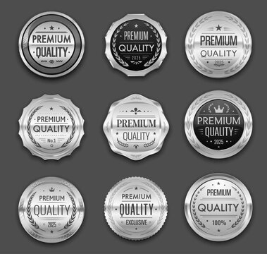 Premium quality silver badges and labels, award seals with laurel wreaths, crown and stars. Vector stickers for premium quality guarantee, exclusive and number one product round shape medal badges set