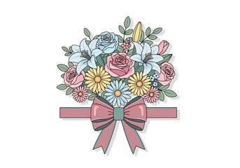 Pastel bouquet of roses lilies and daisies tied with a mauve bow © firman