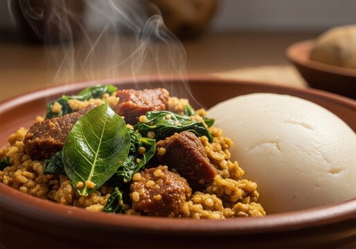 Steaming plate of traditional african egusi and rice dish with meat and vegetables