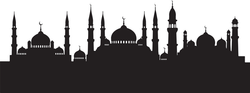 Silhouette of a mosque with domes and minarets standing tall