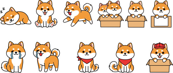 Obraz premium Cute Shiba Inu dog character set featuring playful poses sleeping sitting jumping and hiding in box in adorable cartoon vector illustration style