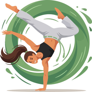 Capoeira Female Acrobat Handstand Pose, Brazilian Martial Arts Dance Vector Illustration