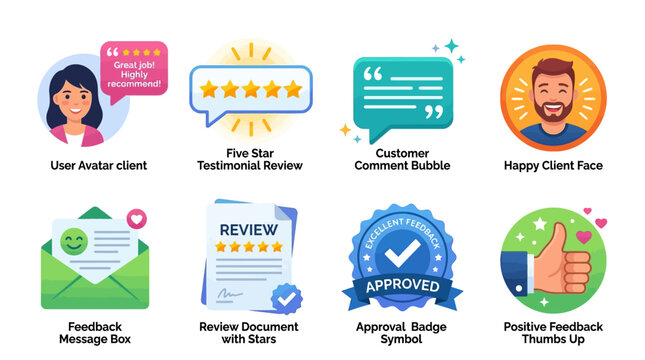 Vector icons of customer reviews and feedback with happy client faces, testimonials, ratings, and approval badges on a collection of vector graphics.