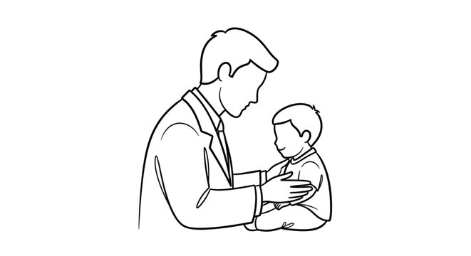 Doctor holding baby line art illustration, pediatric healthcare concept, newborn care and medical examination, minimal outline drawing isolated on white background