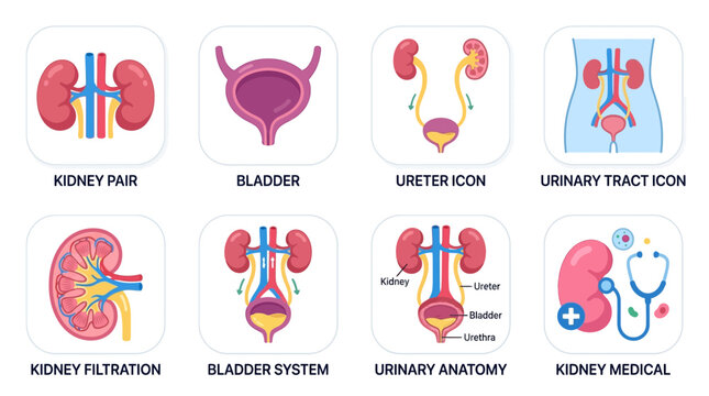 Vector illustrations of human kidney pair, bladder, ureter icon, urinary tract, filtration, and medical anatomy in a detailed vector graphic.