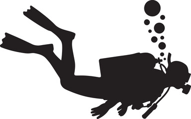 Scuba Diver Silhouette with Air Bubbles – Underwater Diving Gear Black and White Vector Illustration © 69creativedesigner