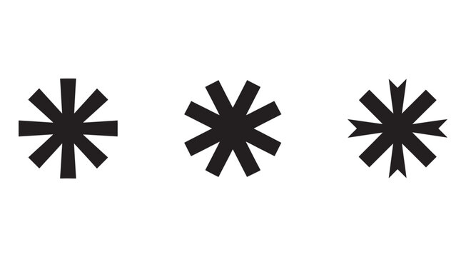 Black asterisks with different shapes and sizes  various starburst symbols