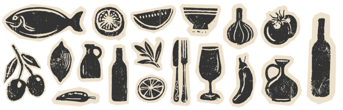Rustic mediterranean food and drink icon set in vintage grunge hand stamped illustration style