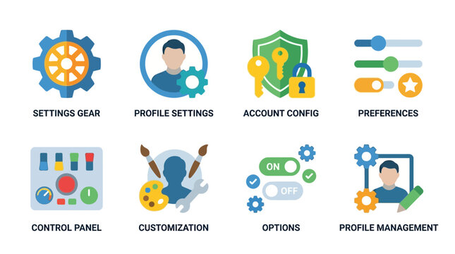 A vector illustration of settings gear icons for profile settings, account config, and preferences on a control panel with customization options for profile management.