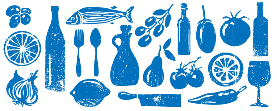 Rustic mediterranean food and drink icon set in vintage grunge hand stamped illustration style