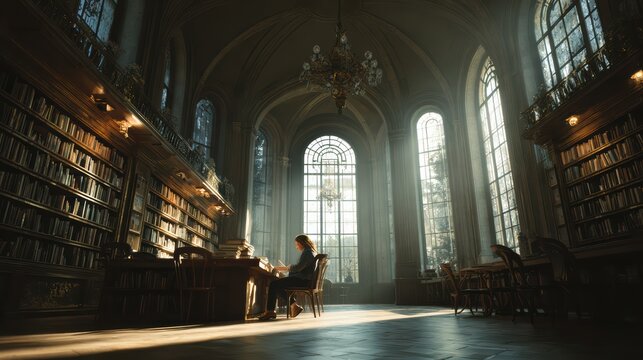 Large library, elegant design, female student studying alone, sunlight through tall arched windows, realistic anatomy, cinematic composition, empty and serene, 8k