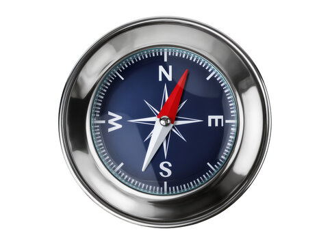 Shiny metallic silver compass with a dark blue dial and red needle pointing north, isolated navigation tool PNG, essential for travel, direction, and adventure