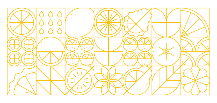 Citrus fruits geometric pattern. Vector abstract background with yellow linear lemons, oranges, drops, leaves and symmetrical segments arranged in grid layout. Minimalistic fresh juice or summer tile