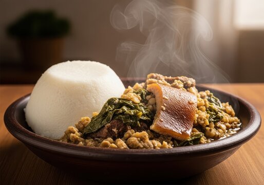 Steaming bowl of fufu with vegetable and meat stew on a wooden table