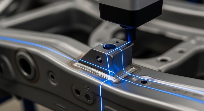 A robotic arm uses blue laser lines to scan or weld a heavy-duty automotive steel frame. The image highlights advanced manufacturing technology and quality control.