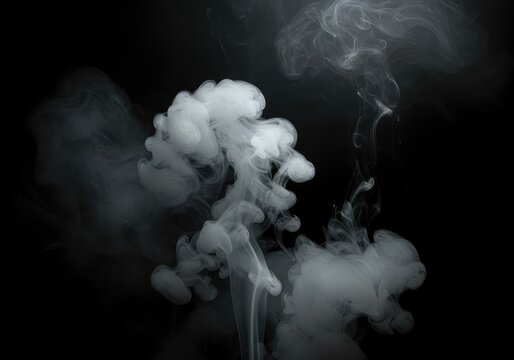 Abstract dark and mysterious background featuring swirling white and gray smoke or steam texture rising in a diffuse, hazy atmospheric environment, flowing, translucent, dynamic