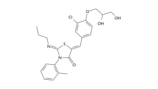 ponesimod molecule, structural chemical formula, ball-and-stick model, isolated image sphingosine 1-phosphate receptor modulator