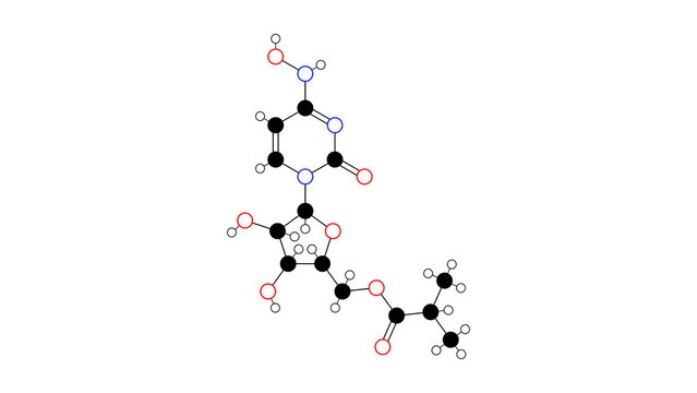 molnupiravir molecule, structural chemical formula, ball-and-stick model, isolated image antiviral drug