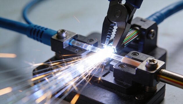 Welding metal clamp and conductors at electrical bench, with serrated pliers and fibers sparking
