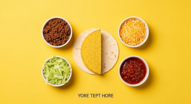 Taco ingredients on yellow background.