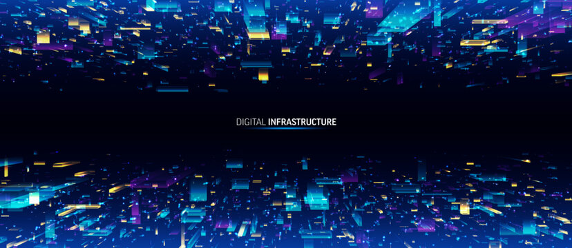 AI digital infrastructure background. Abstract 3D blocks flow in perspective. Big data network, cloud computing, futuristic cyber system, neon blue purple technology design