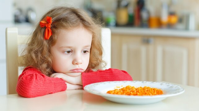 Child girl refuses eating food meal nutrition problem picky kid behavior parenting stress health diet family feeding struggle childhood care concept