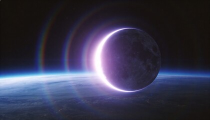 Obraz premium Showing dark crescent moon glowing above planet limb with purple glare, lens flares, copy space