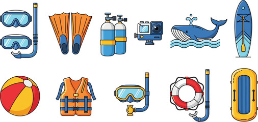 Set of summer beach and snorkeling equipment including goggles, fins, oxygen tanks, lifebuoy, surfboard, whale, and inflatable accessories in flat vector style © Rumi