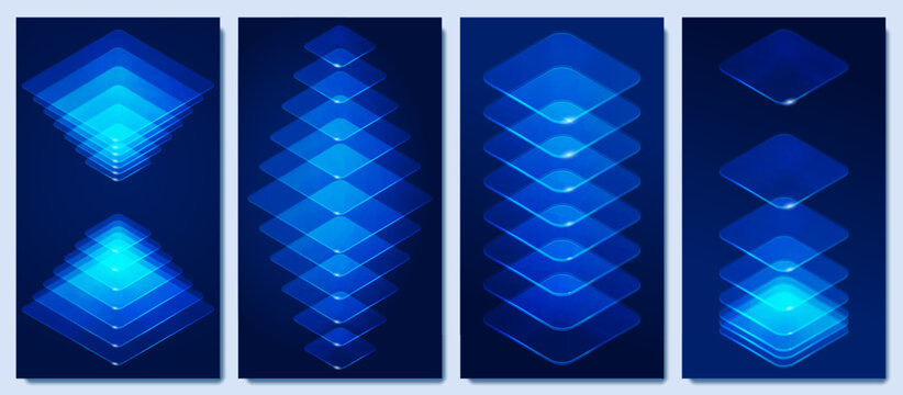 Digital technology background set. Abstract vertical flow. Glowing geometric shapes, lines. Network concept for AI, big data and smart connectivity. Futuristic blue mobile app, presentation template