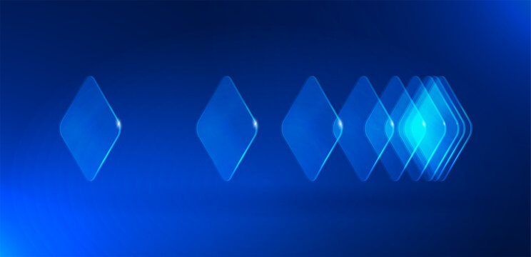 Abstract blue blocks move forward. Dynamic digital technology background shows fast data flow, scalable systems. Futuristic transparent shapes, minimal design. Progress concept for AI, business.