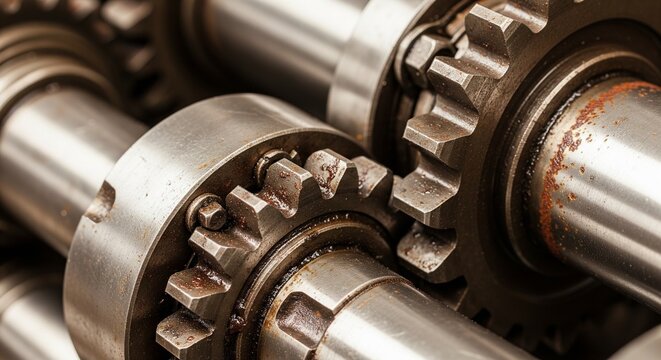 High-detail close-up of heavy-duty metal gears and rotating shafts in an industrial machine, showing mechanical precision.