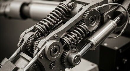 Fototapeta premium A technical close-up of a robotic arm or mechanical joint, showing heavy-duty springs, gears, and hydraulic pistons in a monochromatic tone.