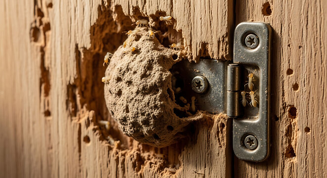 Destructive termite colony creates a visible mud tube, causing extensive wood damage on a household fixture