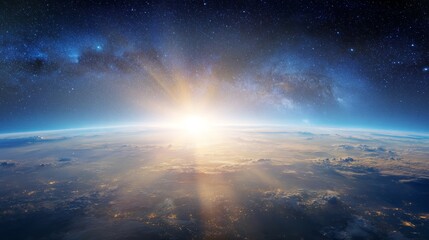 Fototapeta premium Earth planet space sunrise galaxy stars orbit globe environment ecology nature atmosphere horizon light universe cosmic global sustainability concept