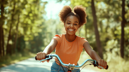 Obraz premium Smiling Afro-American teen girl riding bike on empty road through green trees in daylight