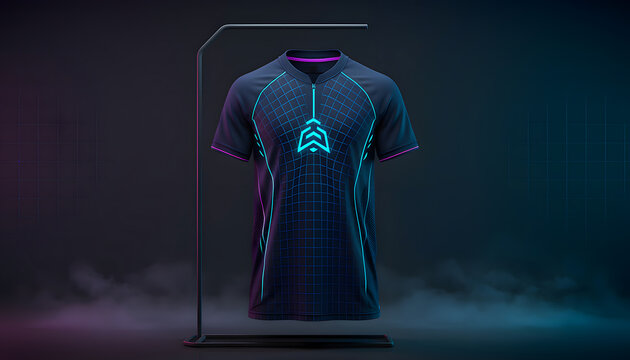 Futuristic cyberpunk jersey with dark blue base, glowing neon grid lines, subtle mesh panels, sleek zipper collar, reflective accents, dramatic lighting, techwear style, high detail fabric.