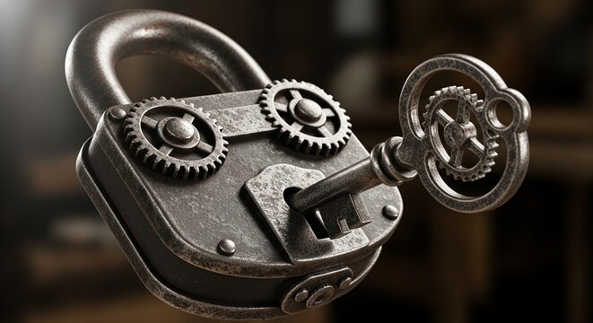 A vintage-style heavy iron padlock featuring external brass gears and an ornate skeleton key inserted into the keyhole.