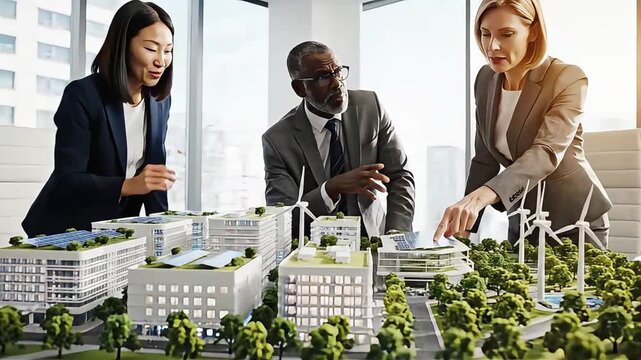 Business professionals collaborating on a sustainable urban development model with renewable energy sources